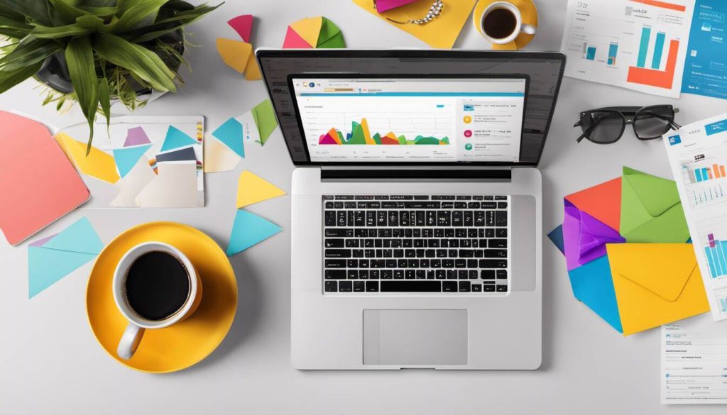 Email Marketing - A laptop on a desk with a cup of coffee.