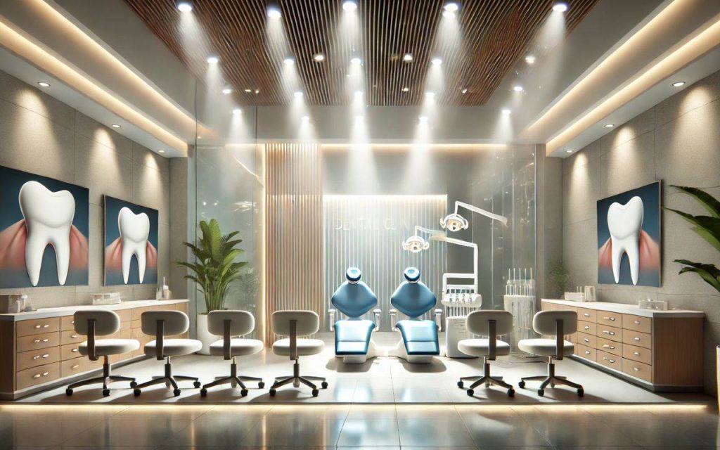A modern dental clinic with two dental chairs, overhead lights, and posters of teeth on the walls. The room has wooden accents and potted plants for decoration.