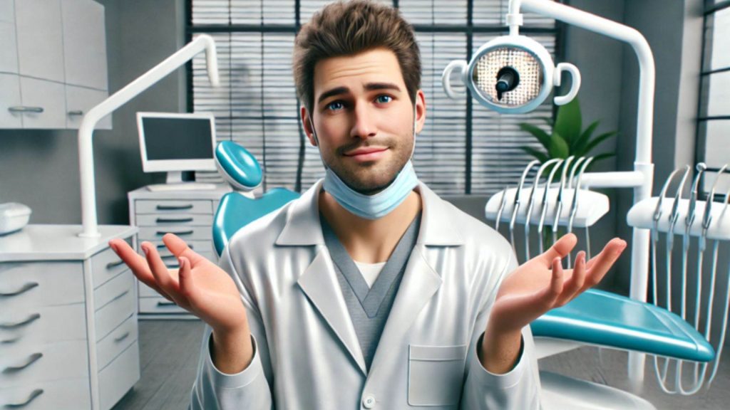 A dentist in a white coat, standing in a modern dental office, shrugs with palms up. He has a stethoscope around his neck and wears a face mask below his chin. Dental equipment is visible in the background.