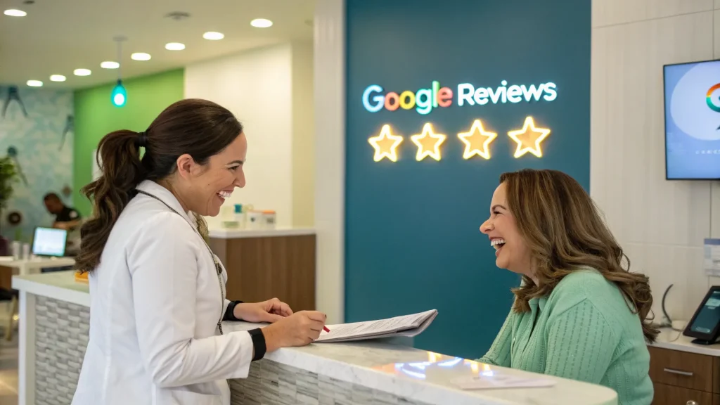 How to ask for google reviews. A woman in a white coat chats with another in a green sweater at the reception desk. Behind them, a neon sign shows four stars for Google Reviews, emphasizing the positive feedback they've earned.