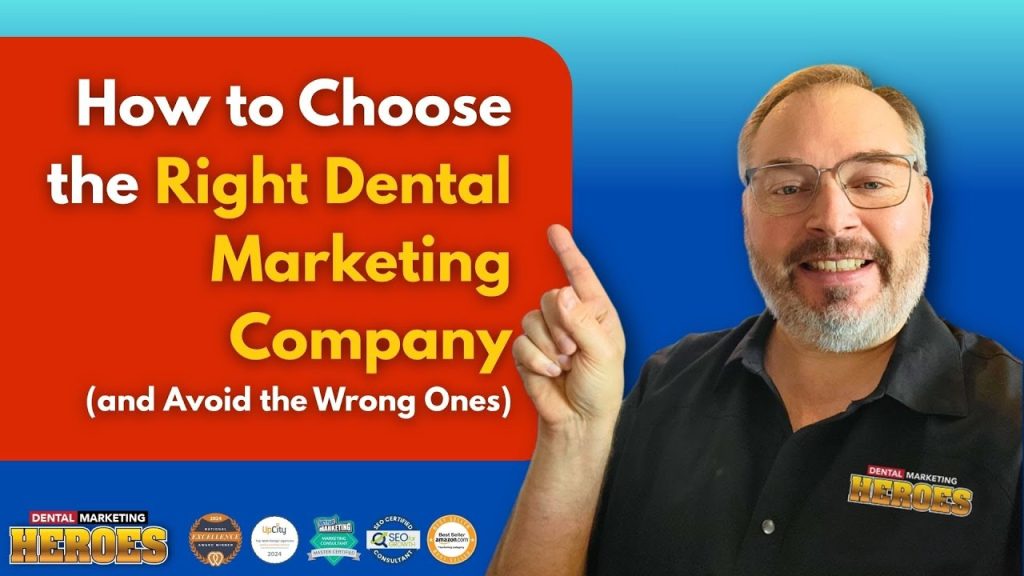 A man in glasses and a "Dental Marketing Heroes" shirt points to a sign that reads, "How to Choose the Right Dental Marketing Company (and Avoid the Wrong Ones)," offering tips on selecting the best dental marketing agency.
