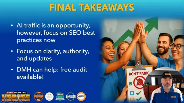 Slide outlining key takeaways: focus on SEO, clarity, authority, and updates