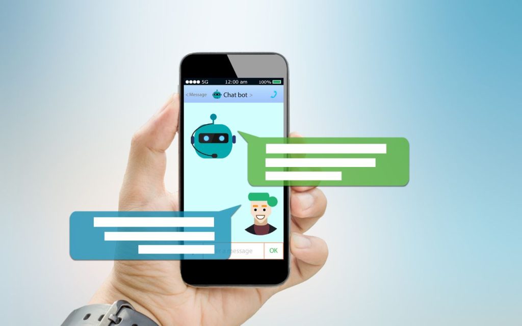 Chatbots - your 24-7 patient service assistant. A hand holding a smartphone showing a chatbot conversation, with illustrated chat bubbles appearing between a bot icon and a human avatar.