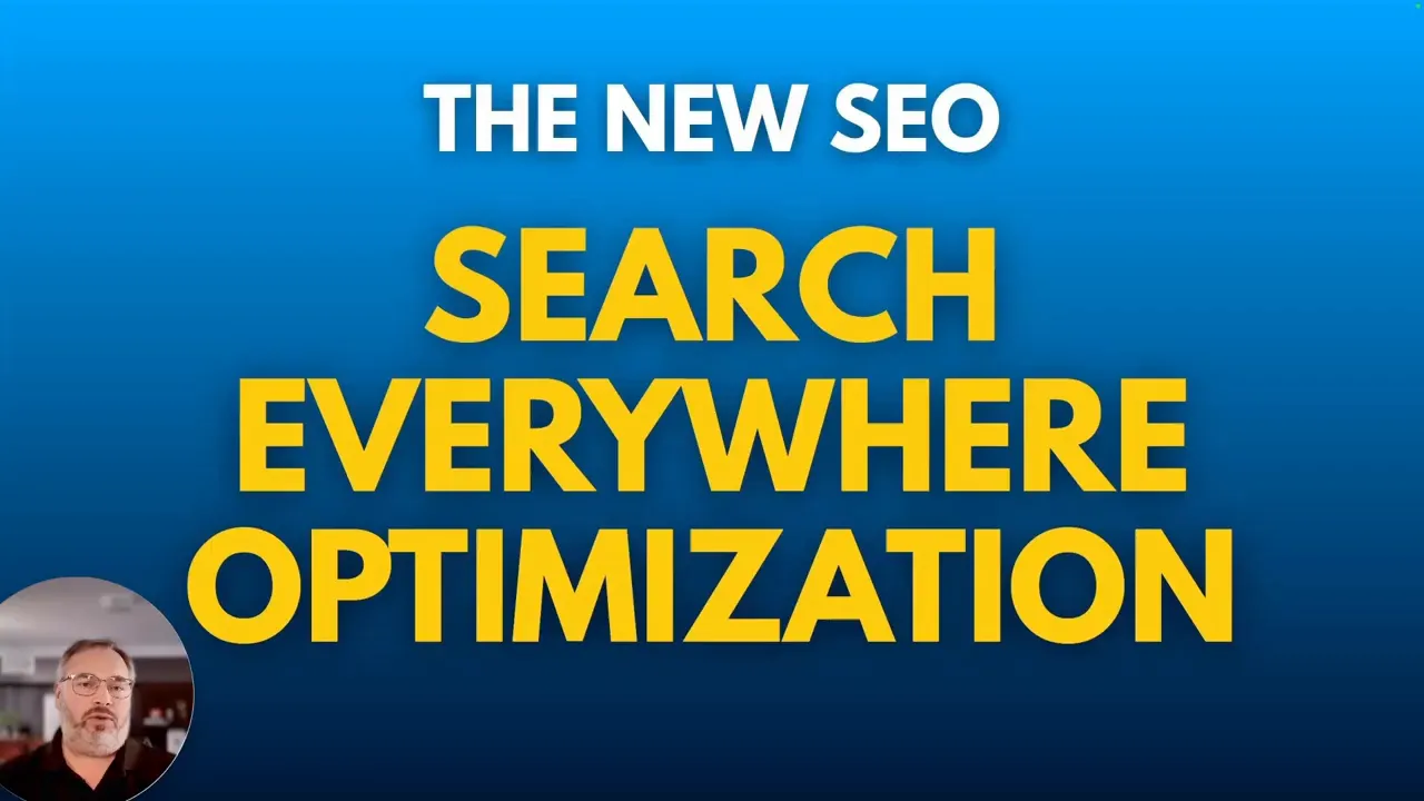 Blue slide with large yellow text reading 'SEARCH EVERYWHERE OPTIMIZATION' and a small presenter thumbnail in the bottom-left