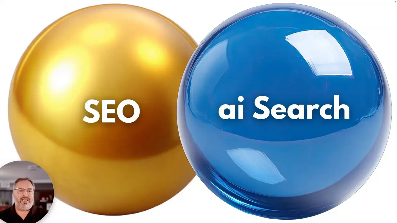 Two glossy spheres side by side, gold labeled 'SEO' and blue labeled 'ai Search', representing SEO and AI search working together