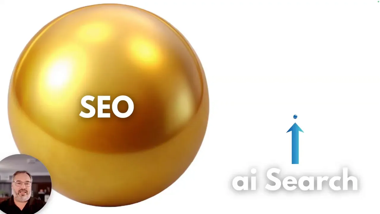 Should I abandon SEO for AI Search? Presentation slide with a prominent gold sphere reading 'SEO' and a small upward arrow pointing to 'ai Search' text on the right; presenter inset visible.