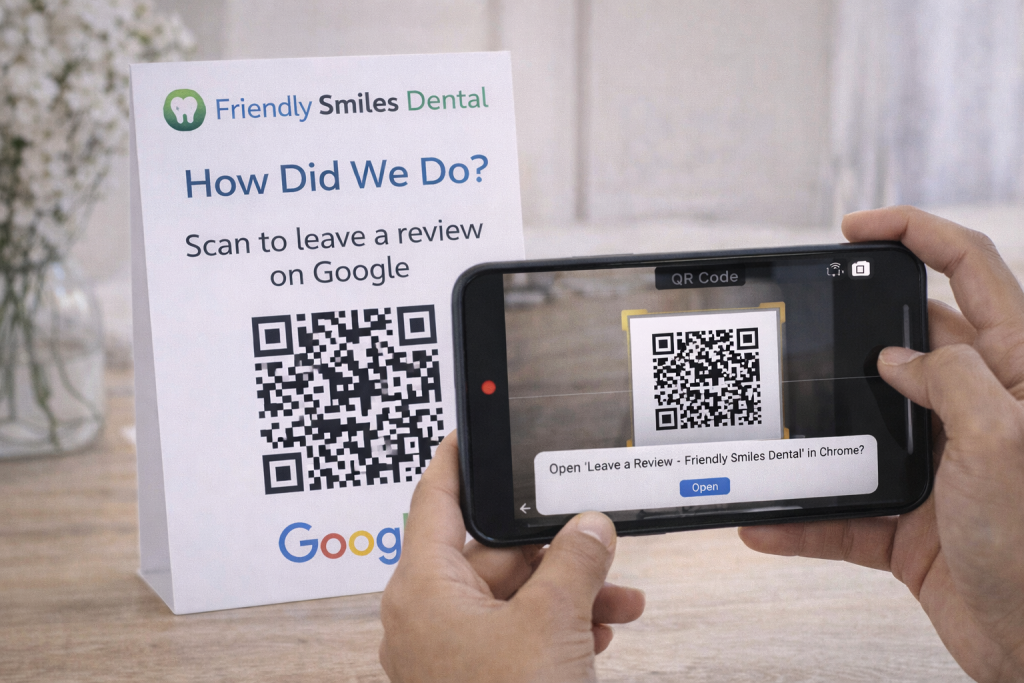 A person scans a QR code on a "Friendly Smiles Dental" review sign with their smartphone, prompting a Google review link to open on their device.