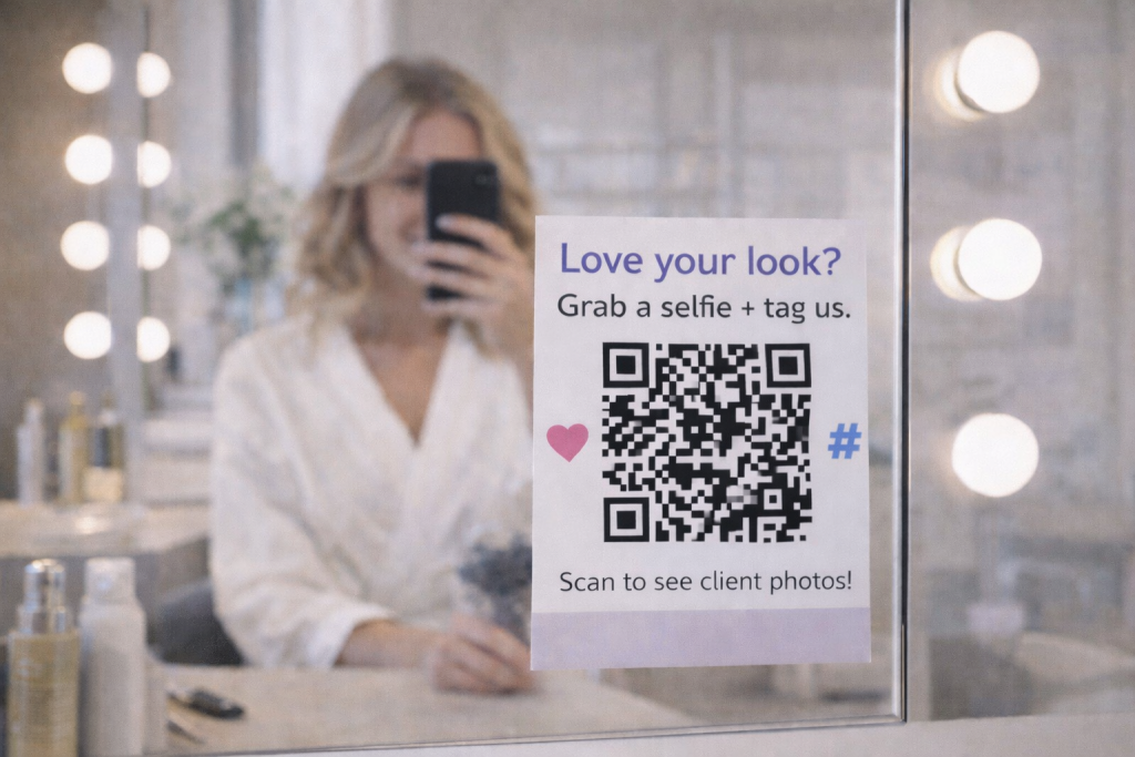 A woman in a white robe takes a selfie in a salon, with a mirror sign displaying a QR code and instructions to tag photos on social media.