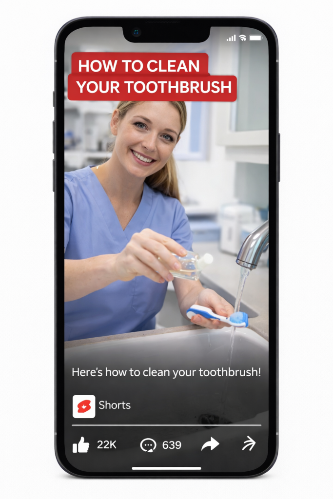 A woman in blue scrubs demonstrates how to clean a toothbrush under running water in a video titled "How to Clean Your Toothbrush" on a smartphone screen.