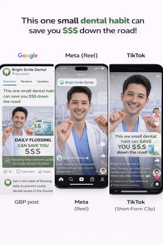 Three smartphones display social media ads from Bright Smile Dental, each showing a man smiling and promoting daily flossing to save money on dental costs across Google, Meta, and TikTok platforms.