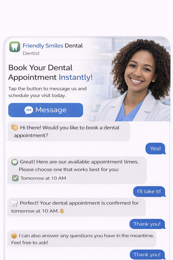 A dentist office chat interface shows a woman in a lab coat, appointment options, and confirmation of a dental booking for 10 AM, with friendly conversation bubbles.