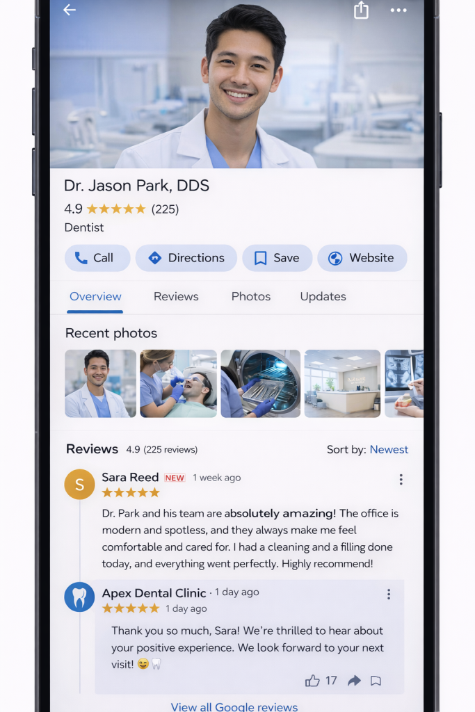 Smartphone screen displays a Google business profile for Dr. Jason Park, DDS, showing his photo, rating, contact options, patient reviews, and dental office images.