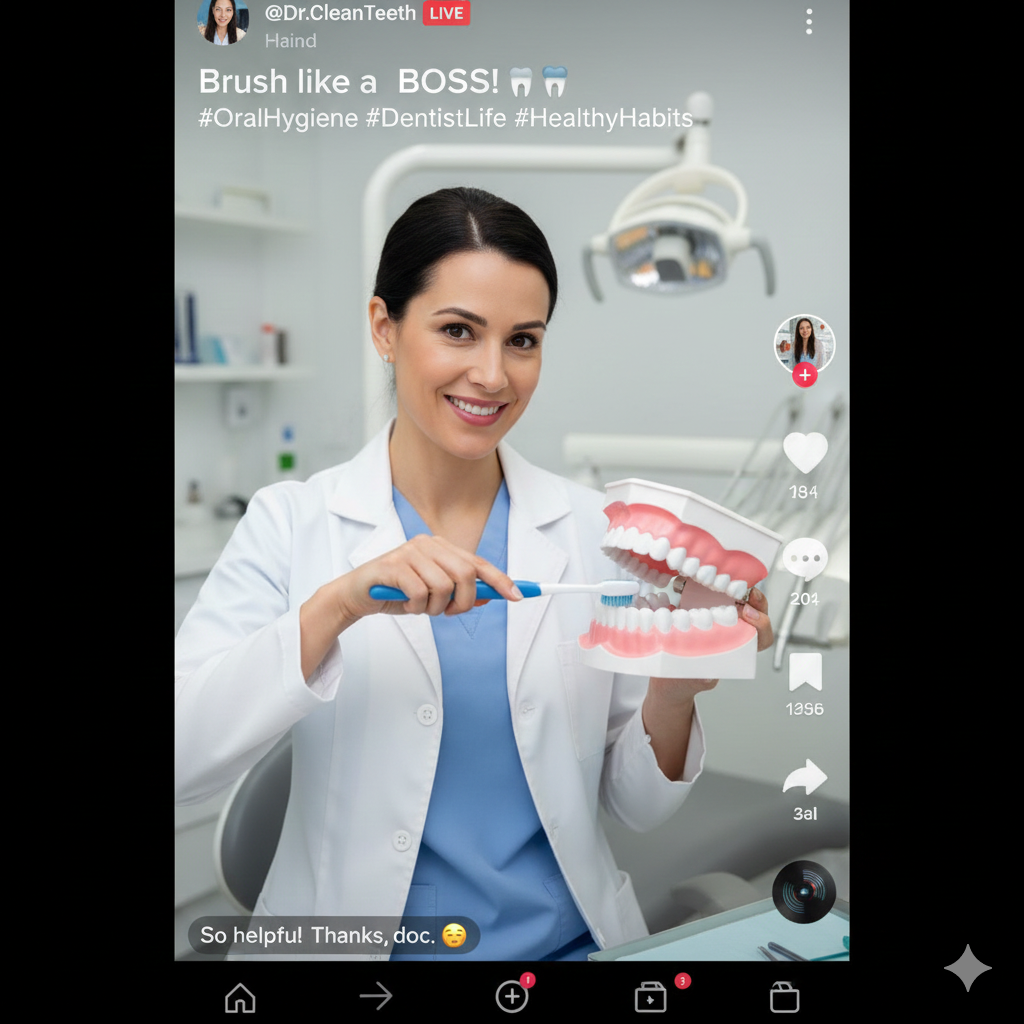 A female dentist in a white coat demonstrates proper brushing technique on a dental model in a dental office, during a social media livestream.