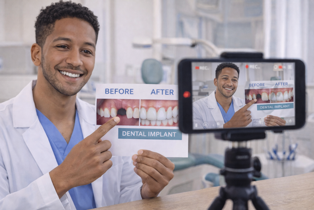 Social media strategy - show the work. A dentist holds a "Dental Implant" before-and-after photo while smiling and recording a video in a dental office setting.