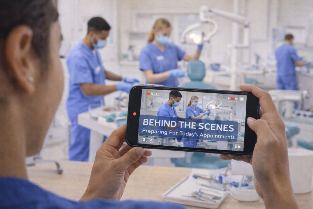 A person records dental professionals working in a clinic while viewing the video feed on a smartphone with the text "Behind the Scenes: Preparing For Today's Appointments.