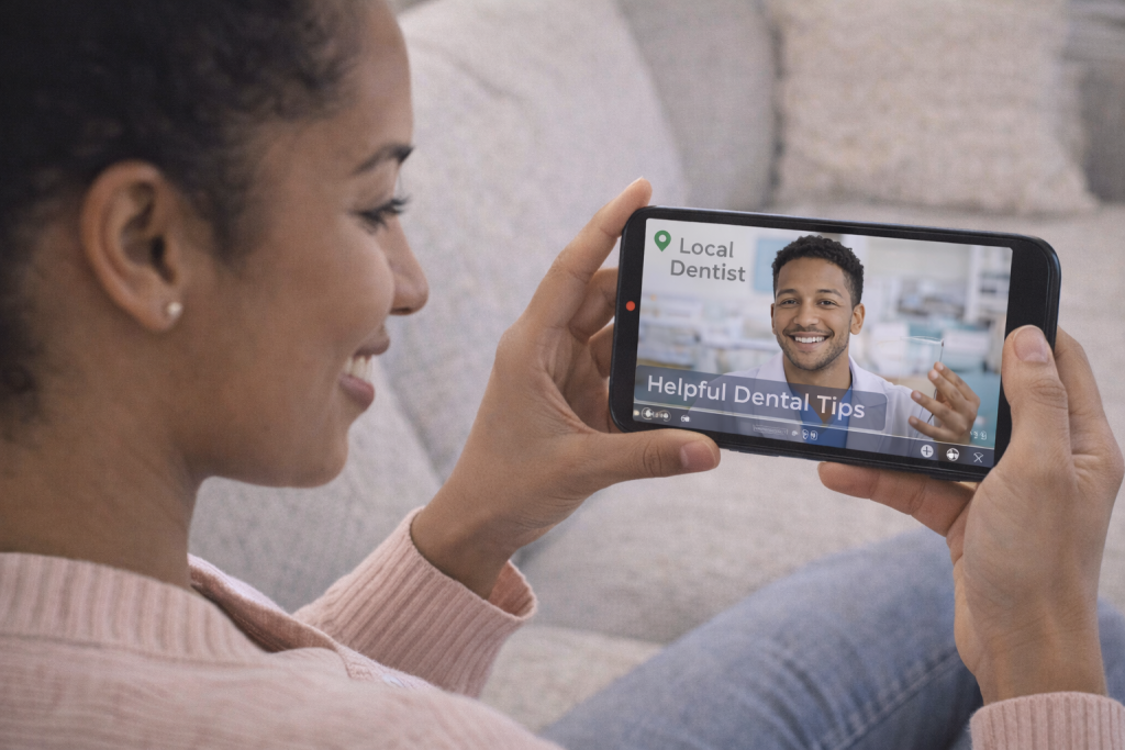 A woman watches a video titled "Helpful Dental Tips" from a local dentist on her smartphone while sitting on a couch.