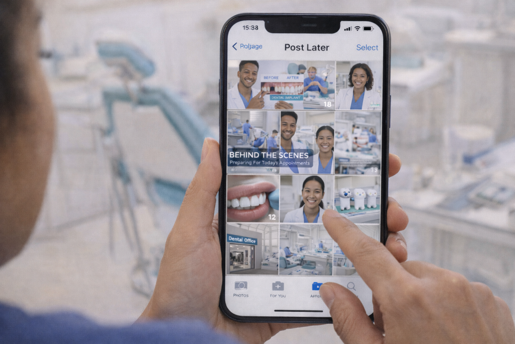 A person holds a smartphone displaying a social media app with dental clinic photos, including staff, dental equipment, and close-up shots of teeth and smiles.