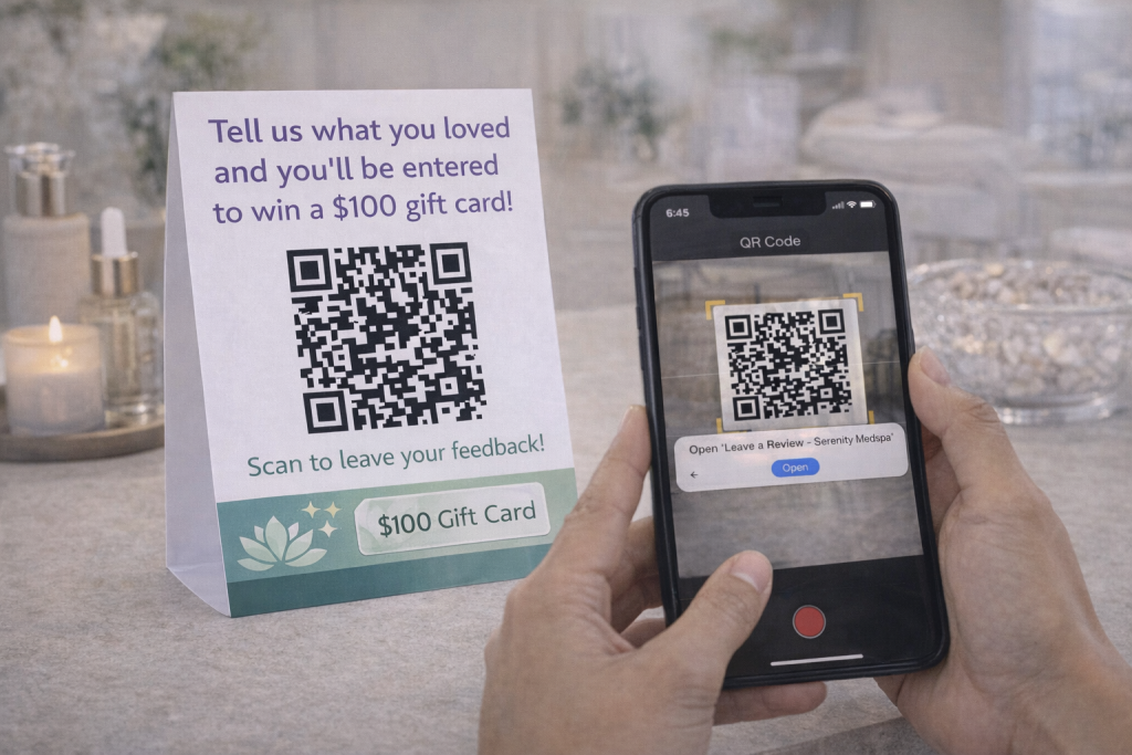Person scanning a QR code on a sign with a phone; sign offers a chance to win a $100 gift card for leaving feedback.