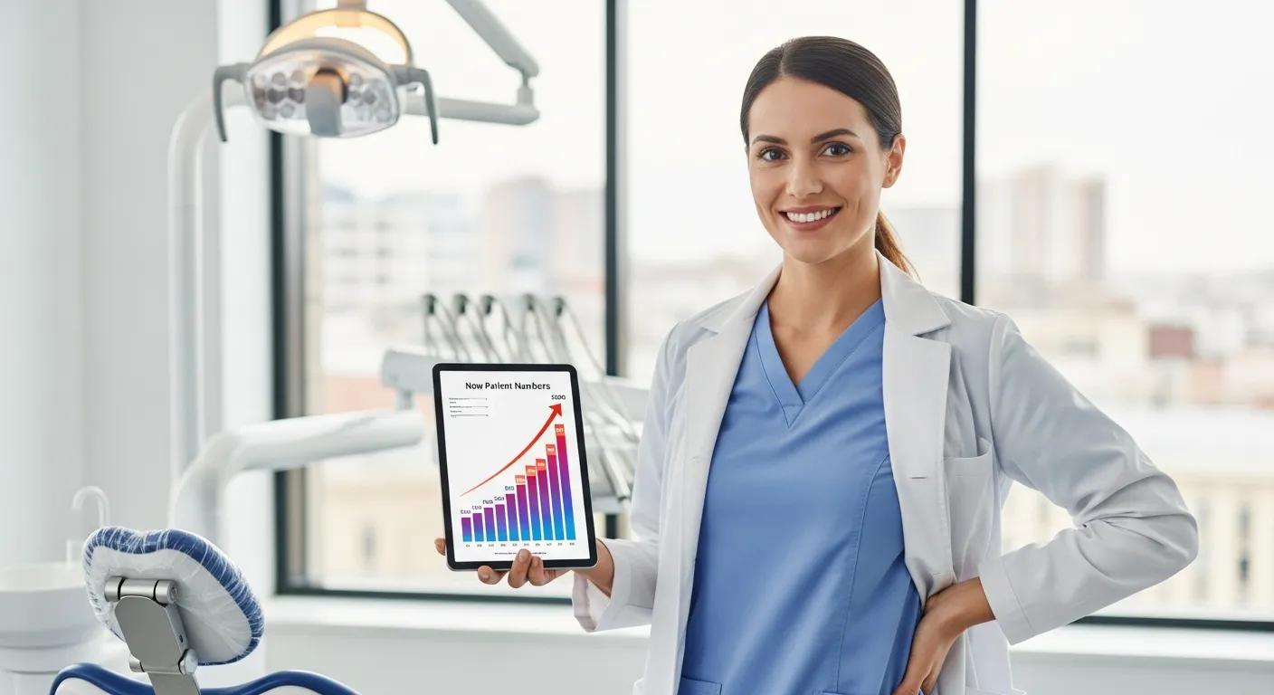 A confident dentist holding an ipad with their new patient numbers thriving after using the dental local marketing strategies
