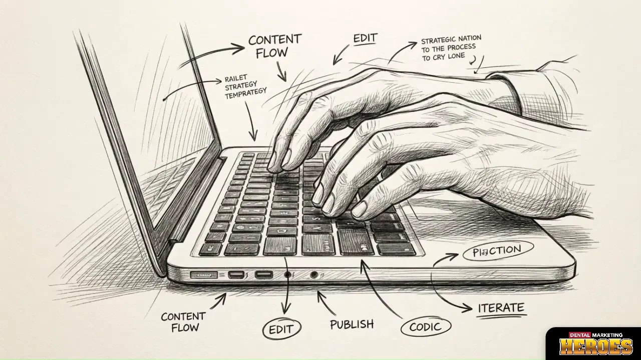 Illustration showing a content flow process on a laptop with hands editing and publishing
