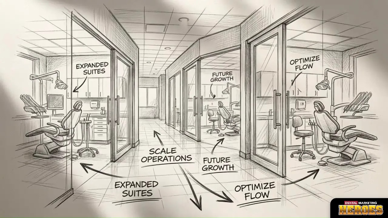 Sketch of a dental practice operations flow with expanded suites, scale operations, and future growth labeled