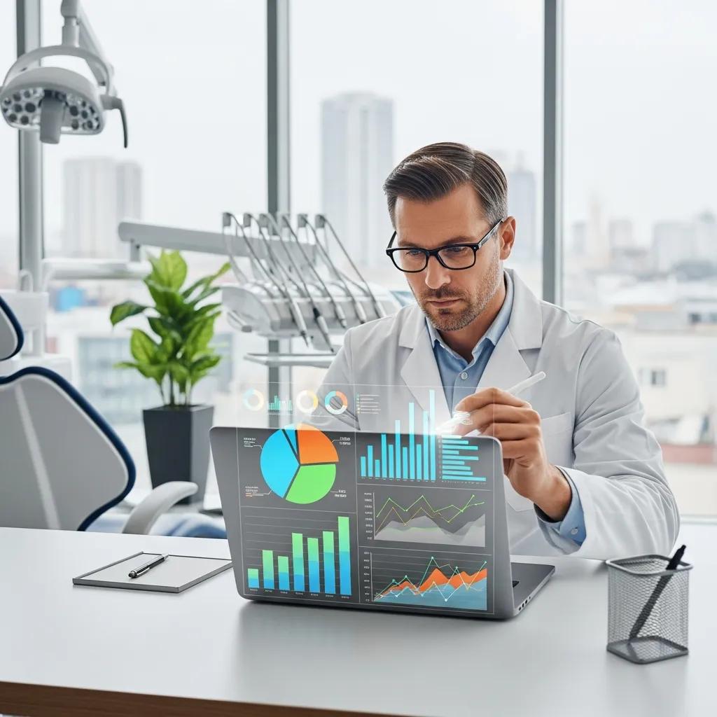 Dentist analyzing patient data and marketing strategies in a modern office setting