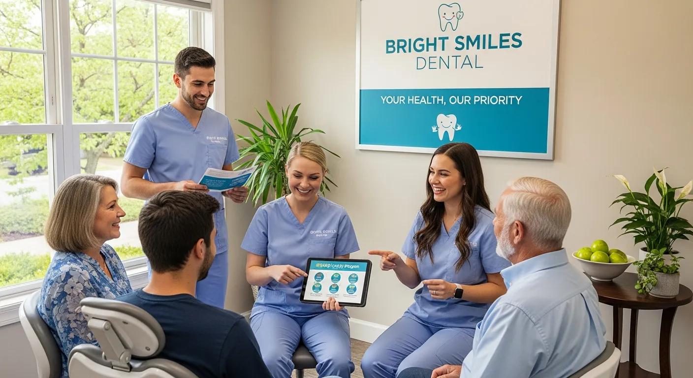 Dental team engaging with patients about loyalty programs in a friendly environment