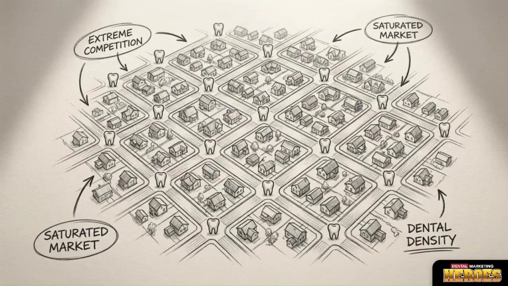 Illustration of saturated dental market and dental density across a grid of buildings