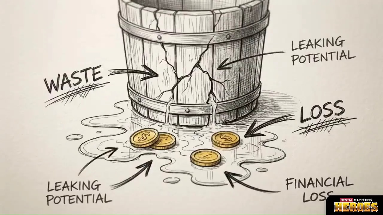 Illustration showing waste and financial loss from a leaking bucket with coins spilling out