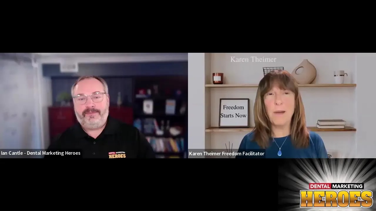 Two hosts on the Dental Marketing Heroes video call screen with the Freedom Starts Now branding